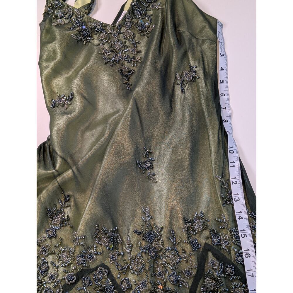 Vintage Silk Prom Dress Midi Gown L Green Y2K Fairy Floral Bead 90s Nymph Guest - Picture 10 of 11